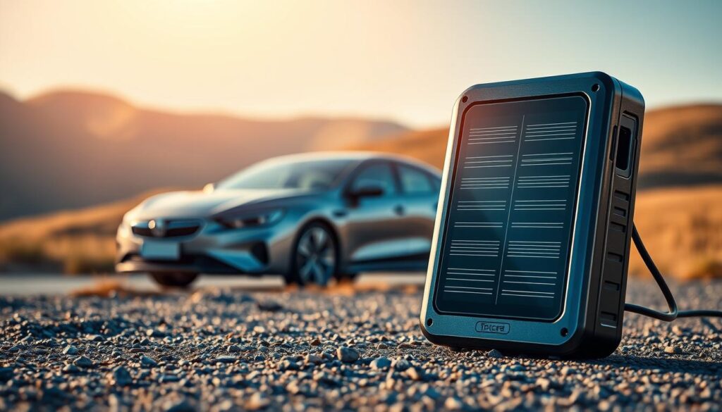 A sleek, modern solar-powered car charger stands prominently in the foreground, its glossy black surface reflecting the warm, golden sunlight. The device features a compact, rectangular design with a built-in solar panel that charges the internal battery, ready to power up a car's electrical system. In the middle ground, a generic sedan car is partially visible, suggesting the charger's practical application. The background is a serene landscape, with rolling hills and a clear, blue sky, emphasizing the eco-friendly and sustainable nature of this solar-powered accessory. The overall composition conveys a sense of efficiency, technology, and environmental awareness. A sleek, modern solar-powered car charger stands prominently in the foreground, its glossy black surface reflecting the warm, golden sunlight. The device features a compact, rectangular design with a built-in solar panel that charges the internal battery, ready to power up a car's electrical system. In the middle ground, a generic sedan car is partially visible, suggesting the charger's practical application. The background is a serene landscape, with rolling hills and a clear, blue sky, emphasizing the eco-friendly and sustainable nature of this solar-powered accessory. The overall composition conveys a sense of efficiency, technology, and environmental awareness.