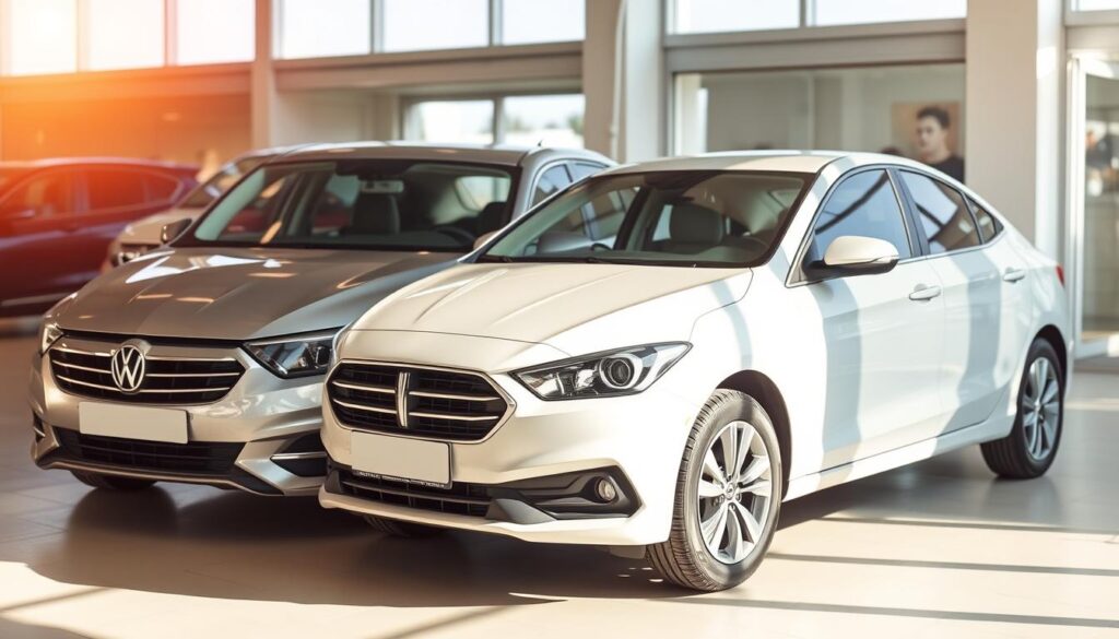 A sleek new car and a well-maintained used car sit side by side in a showroom, bathed in warm, natural light. The new car gleams with a fresh coat of paint, its chrome accents sparkling. The used car has a slightly more weathered appearance, but its interior is spotless and the tires look nearly new. The scene invites the viewer to compare the two options, considering the tradeoffs between the higher price tag of the new car and the potentially lower interest rates and insurance costs of the used model. The overall atmosphere is one of careful consideration, with the two vehicles serving as tangible representations of the new car loan versus used car loan decision. A sleek new car and a well-maintained used car sit side by side in a showroom, bathed in warm, natural light. The new car gleams with a fresh coat of paint, its chrome accents sparkling. The used car has a slightly more weathered appearance, but its interior is spotless and the tires look nearly new. The scene invites the viewer to compare the two options, considering the tradeoffs between the higher price tag of the new car and the potentially lower interest rates and insurance costs of the used model. The overall atmosphere is one of careful consideration, with the two vehicles serving as tangible representations of the new car loan versus used car loan decision.