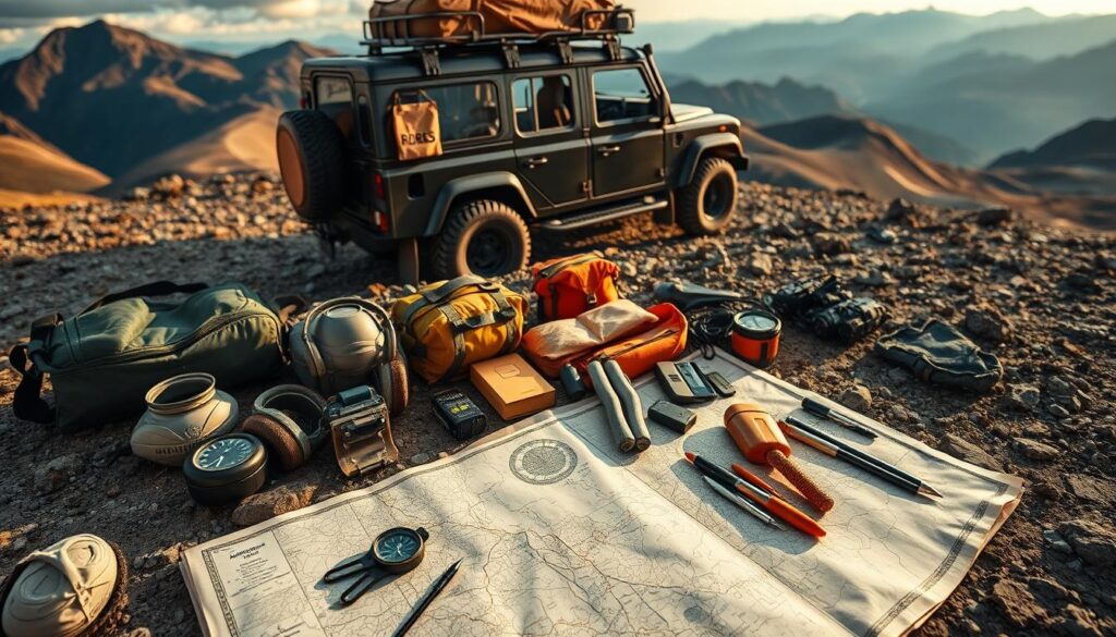 A sleek off-road vehicle navigating a rugged landscape, surrounded by a well-organized array of overlanding gear and accessories. The foreground features a detailed map, compass, and field notebook, conveying the need for thorough planning and assessment. In the middle ground, various camping and survival equipment are neatly arranged, reflecting the importance of thoughtful packing and organization. The background showcases a breathtaking vista of mountains and winding trails, hinting at the adventurous spirit of overlanding. The scene is illuminated by warm, natural lighting, creating a sense of exploration and discovery. The overall mood is one of preparedness, exploration, and a deep connection with the great outdoors. A sleek off-road vehicle navigating a rugged landscape, surrounded by a well-organized array of overlanding gear and accessories. The foreground features a detailed map, compass, and field notebook, conveying the need for thorough planning and assessment. In the middle ground, various camping and survival equipment are neatly arranged, reflecting the importance of thoughtful packing and organization. The background showcases a breathtaking vista of mountains and winding trails, hinting at the adventurous spirit of overlanding. The scene is illuminated by warm, natural lighting, creating a sense of exploration and discovery. The overall mood is one of preparedness, exploration, and a deep connection with the great outdoors.