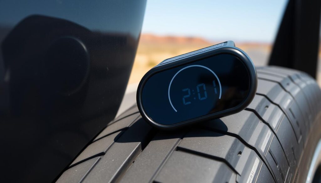 A sleek, solar-powered tire pressure monitor mounted on the side of a car's tire. The device has a clean, modern design with a glossy black casing and a circular LCD display that shows the tire's pressure reading. The monitor is angled slightly towards the viewer, with a subtle metallic trim around the edges. The device is strategically positioned on the tire, capturing the car's profile and the surrounding landscape in the background, which appears to be a sunny, open road. The lighting is natural and evenly distributed, highlighting the monitor's technical details and creating a sense of balance and harmony between the car and the accessory. A sleek, solar-powered tire pressure monitor mounted on the side of a car's tire. The device has a clean, modern design with a glossy black casing and a circular LCD display that shows the tire's pressure reading. The monitor is angled slightly towards the viewer, with a subtle metallic trim around the edges. The device is strategically positioned on the tire, capturing the car's profile and the surrounding landscape in the background, which appears to be a sunny, open road. The lighting is natural and evenly distributed, highlighting the monitor's technical details and creating a sense of balance and harmony between the car and the accessory.