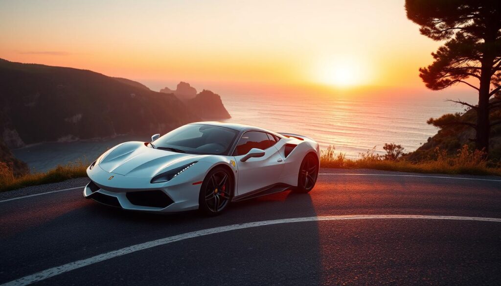 A sleek sports car parked on a coastal road, with the sun setting over the ocean in the background. The car's interior is visible, showcasing a modern dashboard and ergonomic seating. In the foreground, a magnifying glass hovers, highlighting the car's insurance details and potential savings strategies. The scene is bathed in a warm, golden light, conveying a sense of financial security and opportunity. The composition is balanced, with the car positioned slightly off-center to draw the viewer's attention to the key elements. A sleek sports car parked on a coastal road, with the sun setting over the ocean in the background. The car's interior is visible, showcasing a modern dashboard and ergonomic seating. In the foreground, a magnifying glass hovers, highlighting the car's insurance details and potential savings strategies. The scene is bathed in a warm, golden light, conveying a sense of financial security and opportunity. The composition is balanced, with the car positioned slightly off-center to draw the viewer's attention to the key elements.