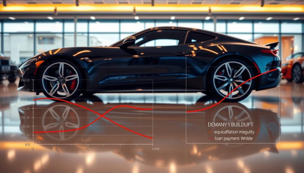 A sleek sports car rests on a reflective showroom floor, its glossy exterior catching the warm glow of track lighting above. In the foreground, a graph displays the depreciation curve of the vehicle, illustrating the steady decline in its market value over time. In the background, another graph visualizes the equity buildup, showcasing how the owner's financial stake in the car grows as loan payments are made. The contrast between the two graphs highlights the complex dynamics of vehicle ownership, inviting the viewer to consider the tradeoffs between immediate depreciation and long-term equity. A sleek sports car rests on a reflective showroom floor, its glossy exterior catching the warm glow of track lighting above. In the foreground, a graph displays the depreciation curve of the vehicle, illustrating the steady decline in its market value over time. In the background, another graph visualizes the equity buildup, showcasing how the owner's financial stake in the car grows as loan payments are made. The contrast between the two graphs highlights the complex dynamics of vehicle ownership, inviting the viewer to consider the tradeoffs between immediate depreciation and long-term equity.