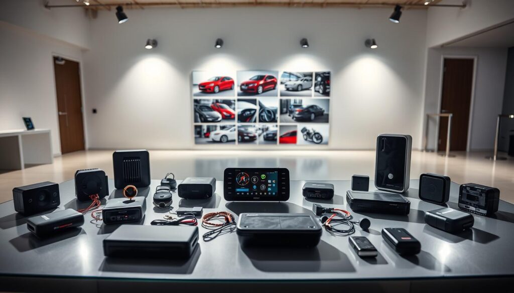 A sleek, well-lit product display showcasing a comprehensive range of car security systems. In the foreground, a collection of top-tier car alarms, keyless entry systems, and GPS trackers arranged artfully on a minimalist glass or steel table, casting subtle shadows. In the middle ground, a series of high-resolution photographs of the products in use, demonstrating their features and capabilities. The background is a clean, modern studio setting with neutral-toned walls and carefully positioned lighting to accentuate the products. An atmosphere of professionalism, quality, and attention to detail permeates the scene, inviting the viewer to explore the comprehensive array of car security solutions on display.