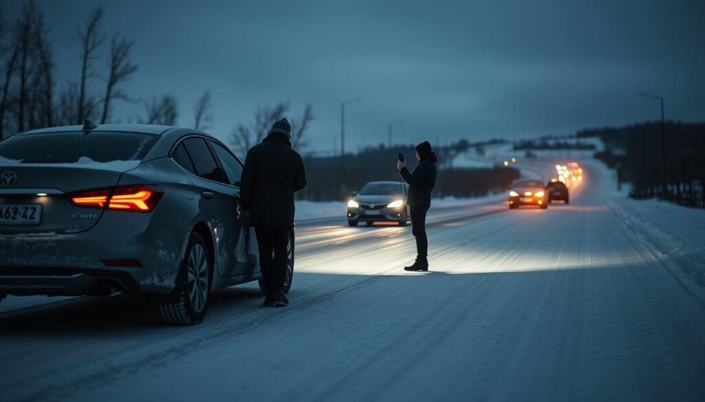 A snow-covered road at dusk, with a car navigating carefully. In the foreground, a person stands next to the car, inspecting the winter tires and demonstrating proper braking techniques. The middle ground features other vehicles on the road, their headlights cutting through the dim light. In the background, a wintry landscape with bare trees and a low, overcast sky sets the scene. Soft, directional lighting illuminates the scene, creating a sense of depth and emphasis on the car and the person. The overall mood is one of safety, caution, and the importance of proper winter driving preparation. A snow-covered road at dusk, with a car navigating carefully. In the foreground, a person stands next to the car, inspecting the winter tires and demonstrating proper braking techniques. The middle ground features other vehicles on the road, their headlights cutting through the dim light. In the background, a wintry landscape with bare trees and a low, overcast sky sets the scene. Soft, directional lighting illuminates the scene, creating a sense of depth and emphasis on the car and the person. The overall mood is one of safety, caution, and the importance of proper winter driving preparation.
