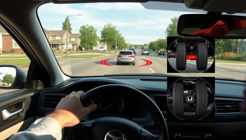 A step-by-step guide to performing a U-turn, presented from a driver's perspective. The foreground shows a car's interior, with the steering wheel, dashboard, and the driver's hands turning the wheel. The middle ground depicts the car maneuvering through the U-turn, with detailed views of the front and rear wheels turning. The background features a suburban street scene, with buildings, trees, and other vehicles in the distance, suggesting a typical urban or residential setting. The lighting is natural, with soft shadows and highlights, creating a sense of depth and realism. The camera angle is slightly elevated, providing a clear view of the entire U-turn process. A step-by-step guide to performing a U-turn, presented from a driver's perspective. The foreground shows a car's interior, with the steering wheel, dashboard, and the driver's hands turning the wheel. The middle ground depicts the car maneuvering through the U-turn, with detailed views of the front and rear wheels turning. The background features a suburban street scene, with buildings, trees, and other vehicles in the distance, suggesting a typical urban or residential setting. The lighting is natural, with soft shadows and highlights, creating a sense of depth and realism. The camera angle is slightly elevated, providing a clear view of the entire U-turn process.