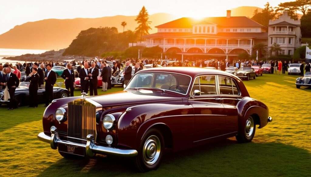 A stunning pebble beach in the golden hour light, with rows of meticulously maintained classic cars gleaming on the lush green lawn. Elegant tuxedo-clad guests mingle amidst the backdrop of the iconic Pebble Beach Lodge, its Spanish colonial architecture bathed in a warm glow. In the foreground, a shimmering Rolls-Royce Silver Cloud I captivates, its chrome trim and deep burgundy paint reflecting the sunset. The scene exudes an air of timeless sophistication and automotive excellence, perfectly capturing the essence of the Pebble Beach Concours d'Elegance. A stunning pebble beach in the golden hour light, with rows of meticulously maintained classic cars gleaming on the lush green lawn. Elegant tuxedo-clad guests mingle amidst the backdrop of the iconic Pebble Beach Lodge, its Spanish colonial architecture bathed in a warm glow. In the foreground, a shimmering Rolls-Royce Silver Cloud I captivates, its chrome trim and deep burgundy paint reflecting the sunset. The scene exudes an air of timeless sophistication and automotive excellence, perfectly capturing the essence of the Pebble Beach Concours d'Elegance.