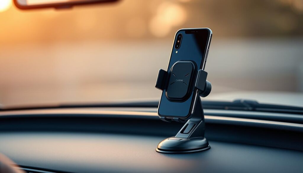 A sturdy, well-designed car phone holder standing prominently on a sleek dashboard. The mount is crafted from durable materials like high-grade aluminum, with a secure grip that firmly holds the phone in place, even during sudden turns and bumpy roads. The adjustable arm allows for perfect positioning, enabling easy access and visibility for the driver. Subtle LEDs provide a soft, ambient glow, illuminating the device and creating a modern, premium aesthetic. The holder is installed flush against the dashboard, seamlessly integrating with the interior design. Crisp, diffused lighting from the car's windshield casts a warm, natural tone over the scene, conveying a sense of functionality and sophistication. A sturdy, well-designed car phone holder standing prominently on a sleek dashboard. The mount is crafted from durable materials like high-grade aluminum, with a secure grip that firmly holds the phone in place, even during sudden turns and bumpy roads. The adjustable arm allows for perfect positioning, enabling easy access and visibility for the driver. Subtle LEDs provide a soft, ambient glow, illuminating the device and creating a modern, premium aesthetic. The holder is installed flush against the dashboard, seamlessly integrating with the interior design. Crisp, diffused lighting from the car's windshield casts a warm, natural tone over the scene, conveying a sense of functionality and sophistication.