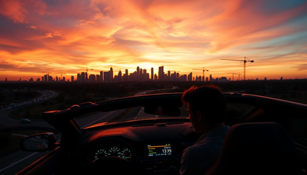 A sweeping overhead view of a city skyline at sunset, with the silhouettes of high-rise buildings and cranes punctuating the orange and pink-hued sky. In the foreground, a winding road stretches out, its edges lined with parked cars. As the camera descends, the scene shifts to focus on a family sedan, its dashboard illuminated by a rapidly rising insurance premium displayed on the screen. The vehicle's occupants, a young couple, exchange worried glances, the weight of escalating car insurance costs heavy on their minds. A sweeping overhead view of a city skyline at sunset, with the silhouettes of high-rise buildings and cranes punctuating the orange and pink-hued sky. In the foreground, a winding road stretches out, its edges lined with parked cars. As the camera descends, the scene shifts to focus on a family sedan, its dashboard illuminated by a rapidly rising insurance premium displayed on the screen. The vehicle's occupants, a young couple, exchange worried glances, the weight of escalating car insurance costs heavy on their minds.
