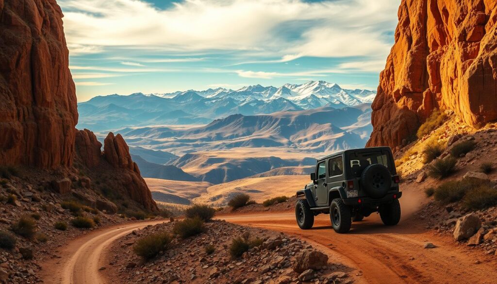 A sweeping panorama of iconic off-road trails winding through rugged, untamed landscapes. In the foreground, a sturdy off-road vehicle navigates a rocky, dusty path flanked by towering cliffs and boulders. The midground reveals a vast, undulating terrain of craggy hills and valleys, dotted with patches of hardy vegetation. In the distance, snow-capped mountain peaks pierce the horizon, bathed in warm, golden sunlight filtering through wispy clouds. The scene exudes a sense of adventure, challenge, and the pure thrill of exploring the untamed wilderness.
