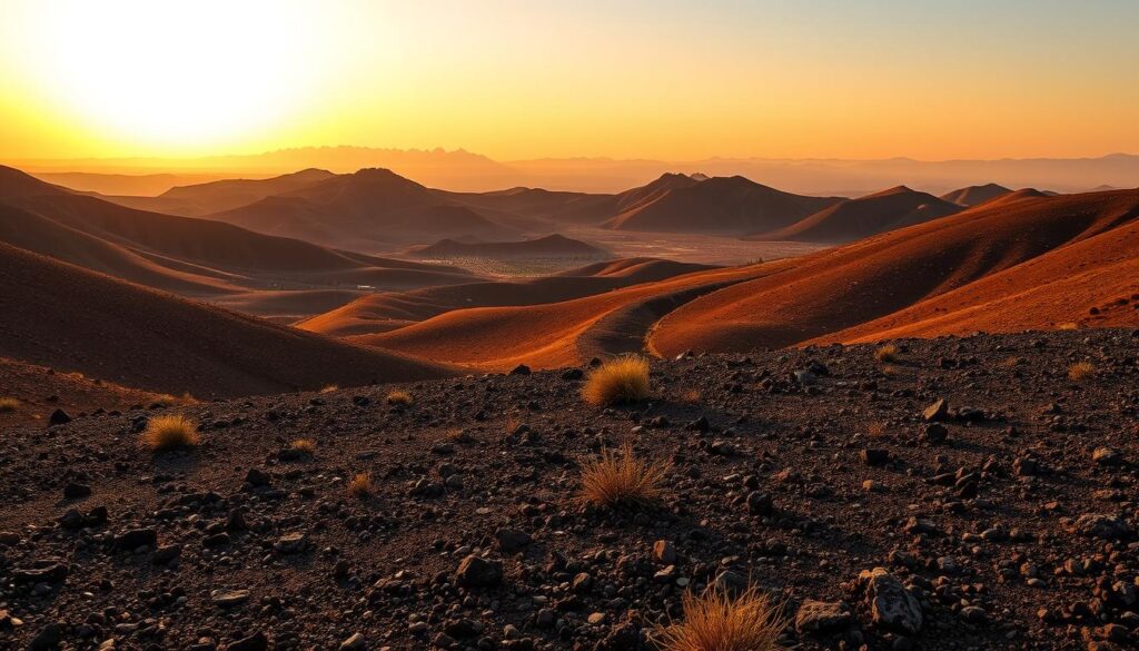 A sweeping vista of the Cinder Hills Off-Highway Vehicle (OHV) area in northern Arizona. In the foreground, a rugged, volcanic landscape of black and red cinders stretches out, dotted with hardy desert vegetation. Midground, the rolling hills undulate, their slopes carved by years of off-road activity. In the background, the silhouettes of distant mountains rise against a warm, golden sky, lit by the soft, diffused light of the setting sun. The scene evokes a sense of adventure and exploration, inviting the viewer to imagine the thrill of navigating these unique, otherworldly trails. A sweeping vista of the Cinder Hills Off-Highway Vehicle (OHV) area in northern Arizona. In the foreground, a rugged, volcanic landscape of black and red cinders stretches out, dotted with hardy desert vegetation. Midground, the rolling hills undulate, their slopes carved by years of off-road activity. In the background, the silhouettes of distant mountains rise against a warm, golden sky, lit by the soft, diffused light of the setting sun. The scene evokes a sense of adventure and exploration, inviting the viewer to imagine the thrill of navigating these unique, otherworldly trails.