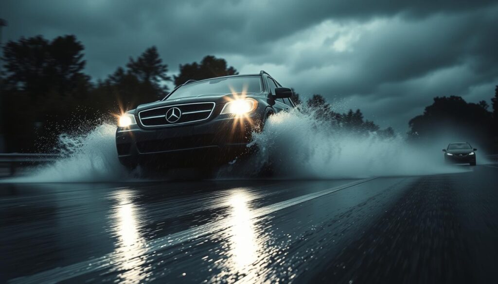 A vehicle hydroplaning on a wet, glistening asphalt road, water splashing up around the tires as the car loses traction. The scene is captured from a low, dramatic angle, with the vehicle tilted slightly to one side, its headlights piercing through the rain-soaked air. The background is a blur of dark clouds and the distant silhouettes of trees, creating a sense of urgency and unpredictability. Subtle lighting casts dramatic shadows, emphasizing the vehicle's struggle for control. The overall atmosphere is one of tension and the need for swift, precise driver response to maintain stability and safety in challenging weather conditions.