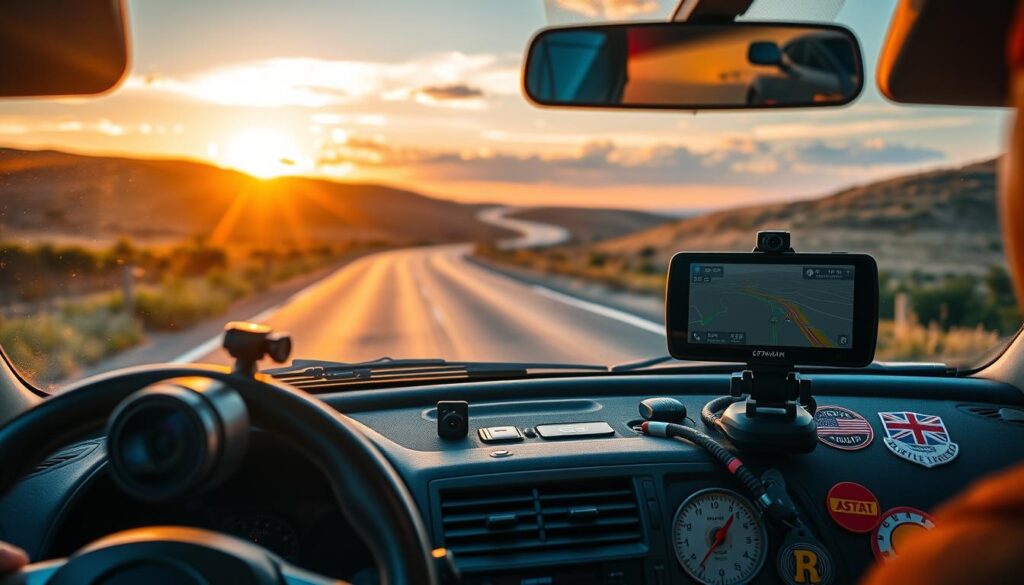 A vibrant road trip scene unfolds, showcasing a personalized car filled with an array of stylish and practical accessories. In the foreground, a sleek and modern dashboard camera captures the journey, its lens angled to document the adventure. Mounted on the windshield, a GPS navigation system guides the way, its holographic display shimmering in the warm, golden light of the setting sun. In the middle ground, a selection of customized car decals and stickers adorn the vehicle's exterior, reflecting the driver's personality and sense of adventure. The background features a winding asphalt road that stretches into the distance, framed by lush, rolling hills and a picturesque sunset sky, setting the stage for an unforgettable road trip experience. A vibrant road trip scene unfolds, showcasing a personalized car filled with an array of stylish and practical accessories. In the foreground, a sleek and modern dashboard camera captures the journey, its lens angled to document the adventure. Mounted on the windshield, a GPS navigation system guides the way, its holographic display shimmering in the warm, golden light of the setting sun. In the middle ground, a selection of customized car decals and stickers adorn the vehicle's exterior, reflecting the driver's personality and sense of adventure. The background features a winding asphalt road that stretches into the distance, framed by lush, rolling hills and a picturesque sunset sky, setting the stage for an unforgettable road trip experience.