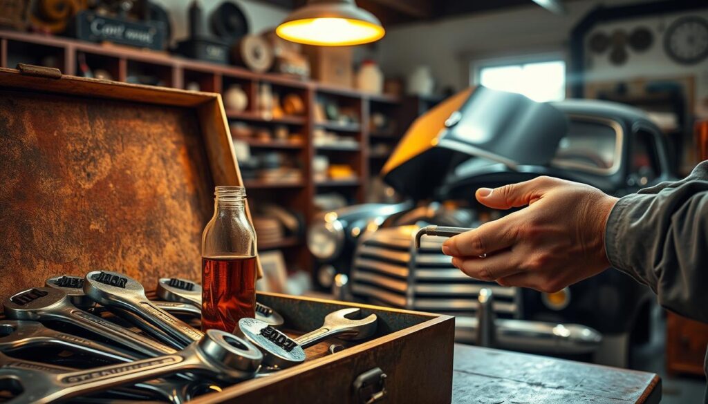 A vintage mechanic's workspace, dimly lit by a single overhead lamp casting a warm glow. In the foreground, a well-worn toolbox sits open, revealing an array of chrome-plated wrenches and a small glass container filled with a deep amber-colored fluid. The mid-ground features a classic car, its hood raised, exposing the intricate engine components. A pair of calloused hands delicately inspects the fluid level, checking for any impurities or discoloration. The background is hazy, with shelves lining the walls, filled with vintage car parts and tools, creating a sense of history and expertise. The scene conveys the care and attention required to maintain the integrity of a classic automobile. A vintage mechanic's workspace, dimly lit by a single overhead lamp casting a warm glow. In the foreground, a well-worn toolbox sits open, revealing an array of chrome-plated wrenches and a small glass container filled with a deep amber-colored fluid. The mid-ground features a classic car, its hood raised, exposing the intricate engine components. A pair of calloused hands delicately inspects the fluid level, checking for any impurities or discoloration. The background is hazy, with shelves lining the walls, filled with vintage car parts and tools, creating a sense of history and expertise. The scene conveys the care and attention required to maintain the integrity of a classic automobile.