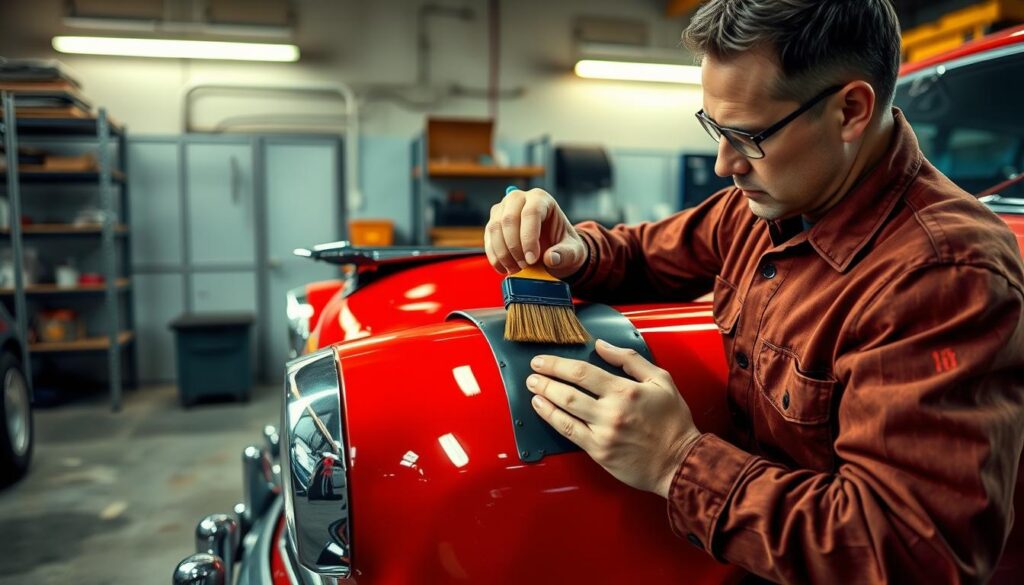 A vintage red classic car parked in a well-lit garage, the focus on its front fender where a mechanic is applying a rust-prevention sealant with a brush. The garage has concrete floors, sturdy metal shelves in the background, and a warm, incandescent lighting that casts a soft glow on the scene. The mechanic wears a worn, grease-stained work shirt, their face in concentration as they carefully coat the metal surface to protect it from corrosion. The car's chrome trim and polished paint shine, contrasting with the matte black of the fender, creating a sense of care and preservation for this beloved automobile. A vintage red classic car parked in a well-lit garage, the focus on its front fender where a mechanic is applying a rust-prevention sealant with a brush. The garage has concrete floors, sturdy metal shelves in the background, and a warm, incandescent lighting that casts a soft glow on the scene. The mechanic wears a worn, grease-stained work shirt, their face in concentration as they carefully coat the metal surface to protect it from corrosion. The car's chrome trim and polished paint shine, contrasting with the matte black of the fender, creating a sense of care and preservation for this beloved automobile.
