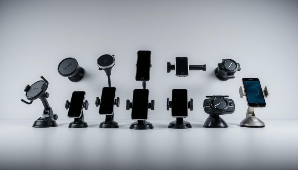 A well-lit and neatly organized desktop display showcasing a variety of car phone mount types, including suction cup, air vent, CD slot, and dashboard mounts. The mounts are arranged in a grid pattern, allowing for a side-by-side comparison of their features and designs. The lighting is soft and diffused, creating a clean, professional look. The background is a neutral, minimalist grey or white, allowing the mounts to be the focal point. The overall composition is balanced and visually appealing, providing a clear and informative illustration of the different mount options available for cars, trucks, and other vehicles. A well-lit and neatly organized desktop display showcasing a variety of car phone mount types, including suction cup, air vent, CD slot, and dashboard mounts. The mounts are arranged in a grid pattern, allowing for a side-by-side comparison of their features and designs. The lighting is soft and diffused, creating a clean, professional look. The background is a neutral, minimalist grey or white, allowing the mounts to be the focal point. The overall composition is balanced and visually appealing, providing a clear and informative illustration of the different mount options available for cars, trucks, and other vehicles.