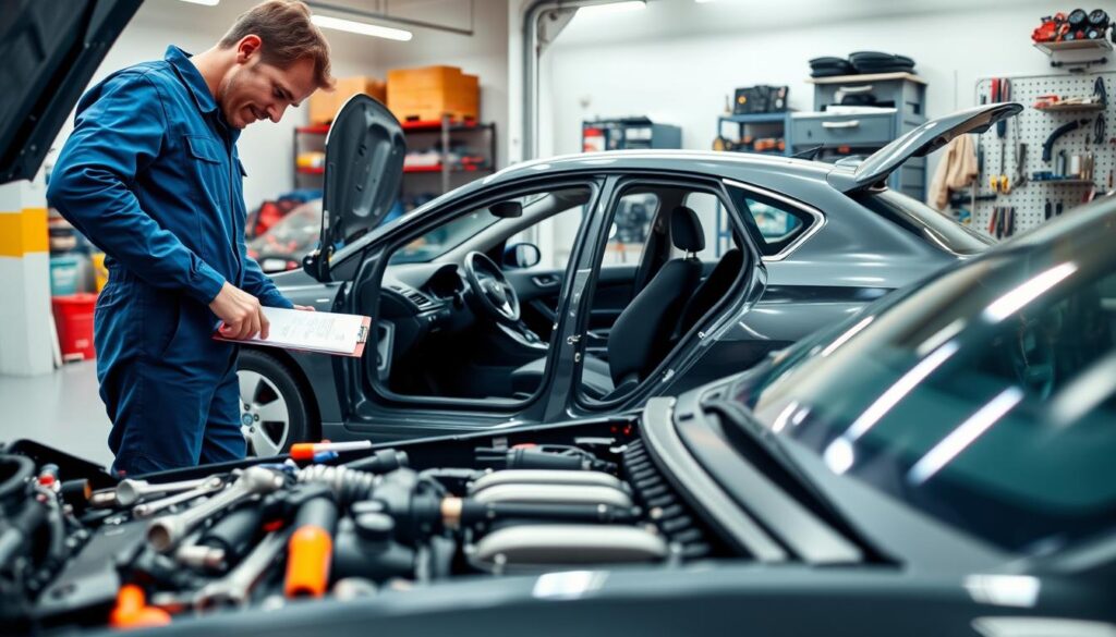 A well-lit automotive workshop, with a mid-sized sedan parked in the center. In the foreground, a mechanic in a blue jumpsuit is inspecting the engine, surrounded by a set of wrenches, diagnostic tools, and a clipboard. The middle ground showcases the car's interior, with the driver's door open, revealing the steering wheel, dashboard, and seat. In the background, shelves of spare parts and a pegboard filled with various car maintenance items create a sense of a fully-equipped facility. The overall scene conveys a sense of diligence, attention to detail, and a commitment to vehicle safety and roadworthiness before embarking on a long journey.