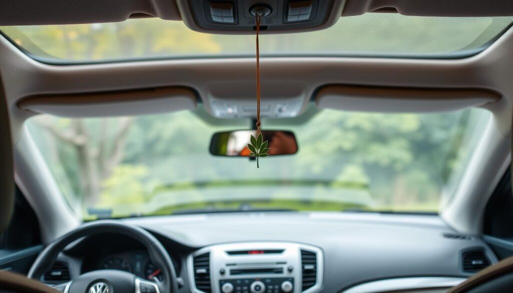 A well-lit, clean car interior, filled with the inviting scent of freshness. In the foreground, a delicate air freshener dangling from the rearview mirror, its aroma gently permeating the space. The middle ground showcases the pristine dashboard, buttons, and controls, all meticulously maintained. In the background, the windows provide a glimpse of a lush, verdant landscape, creating a serene and rejuvenating atmosphere. Soft, diffused lighting casts a warm, comforting glow throughout the scene, emphasizing the importance of a fresh-smelling, well-kept car interior. A well-lit, clean car interior, filled with the inviting scent of freshness. In the foreground, a delicate air freshener dangling from the rearview mirror, its aroma gently permeating the space. The middle ground showcases the pristine dashboard, buttons, and controls, all meticulously maintained. In the background, the windows provide a glimpse of a lush, verdant landscape, creating a serene and rejuvenating atmosphere. Soft, diffused lighting casts a warm, comforting glow throughout the scene, emphasizing the importance of a fresh-smelling, well-kept car interior.