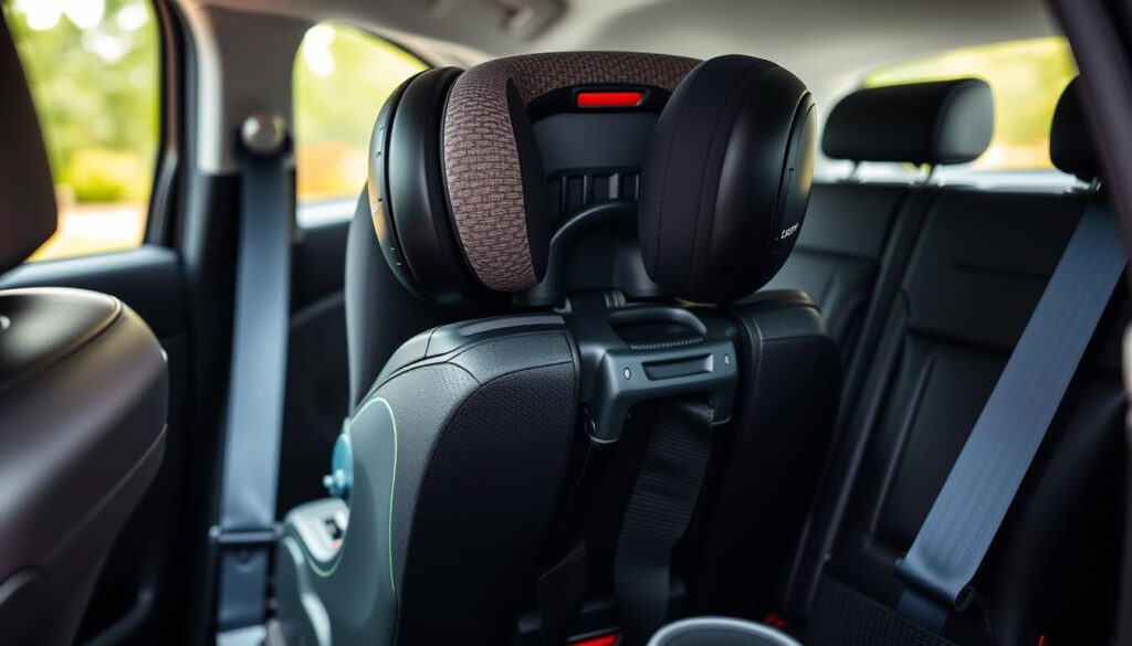 A well-lit, detailed close-up view of a car's interior, focusing on the rear-facing car seat installation features. The car seat is securely installed, showcasing the LATCH system, adjustable headrest, and recline mechanism. The image captures the various safety straps, buckles, and guides, highlighting the key elements that ensure a proper and safe installation. The scene conveys a sense of reliability and carefulness, with a crisp, technical aesthetic that would be suitable for an informative article on car seat safety.
