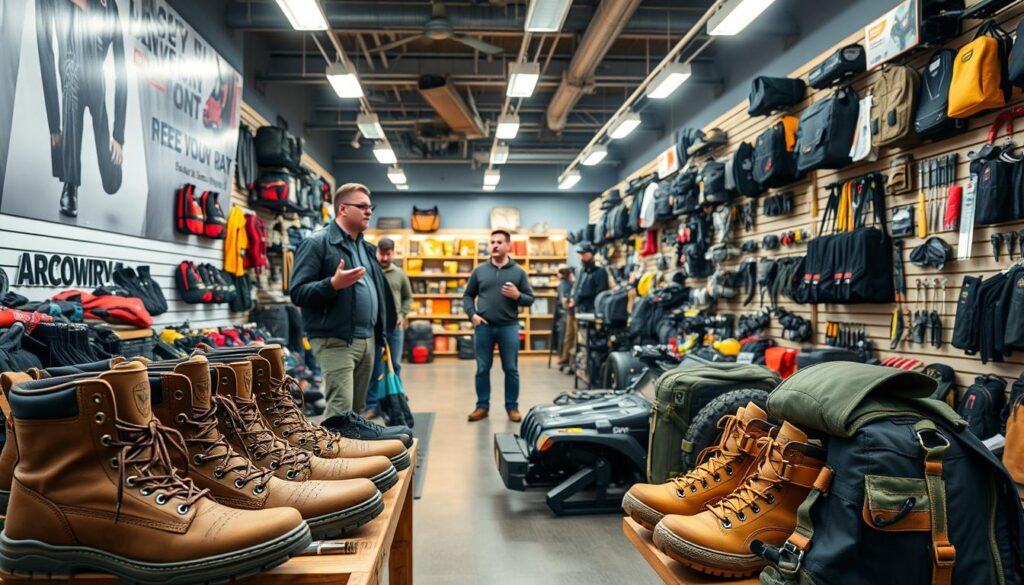 A well-lit, expansive gear shop showcasing an array of off-road accessories. In the foreground, a selection of rugged, high-quality off-road gear is displayed, including sturdy boots, durable backpacks, and specialized tools. The middle ground features a knowledgeable sales associate guiding a customer, discussing features and recommendations. The background reveals floor-to-ceiling shelves stocked with an impressive inventory of off-road equipment, from recovery kits to navigation systems, all bathed in a warm, inviting lighting. The overall scene conveys an atmosphere of expertise, exploration, and the thrill of gearing up for an off-road adventure. A well-lit, expansive gear shop showcasing an array of off-road accessories. In the foreground, a selection of rugged, high-quality off-road gear is displayed, including sturdy boots, durable backpacks, and specialized tools. The middle ground features a knowledgeable sales associate guiding a customer, discussing features and recommendations. The background reveals floor-to-ceiling shelves stocked with an impressive inventory of off-road equipment, from recovery kits to navigation systems, all bathed in a warm, inviting lighting. The overall scene conveys an atmosphere of expertise, exploration, and the thrill of gearing up for an off-road adventure.