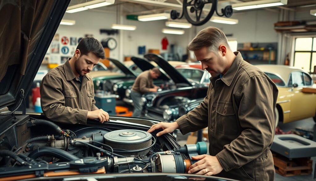 A well-lit, expansive workshop with an array of classic car parts, tools, and equipment. In the foreground, a skilled mechanic in a coverall uniform meticulously inspects the engine of a vintage automobile, their face focused and determined. Surrounding the car, various diagnostic devices, wrenches, and other restoration paraphernalia are neatly organized. In the middle ground, another technician carefully sands the body of a car, attention to detail evident in their careful movements. The background showcases a collection of classic cars in various stages of repair, the space filled with a warm, professional ambiance. Warm, diffused lighting casts a soft glow, highlighting the care and expertise required for proper classic car restoration. A well-lit, expansive workshop with an array of classic car parts, tools, and equipment. In the foreground, a skilled mechanic in a coverall uniform meticulously inspects the engine of a vintage automobile, their face focused and determined. Surrounding the car, various diagnostic devices, wrenches, and other restoration paraphernalia are neatly organized. In the middle ground, another technician carefully sands the body of a car, attention to detail evident in their careful movements. The background showcases a collection of classic cars in various stages of repair, the space filled with a warm, professional ambiance. Warm, diffused lighting casts a soft glow, highlighting the care and expertise required for proper classic car restoration.