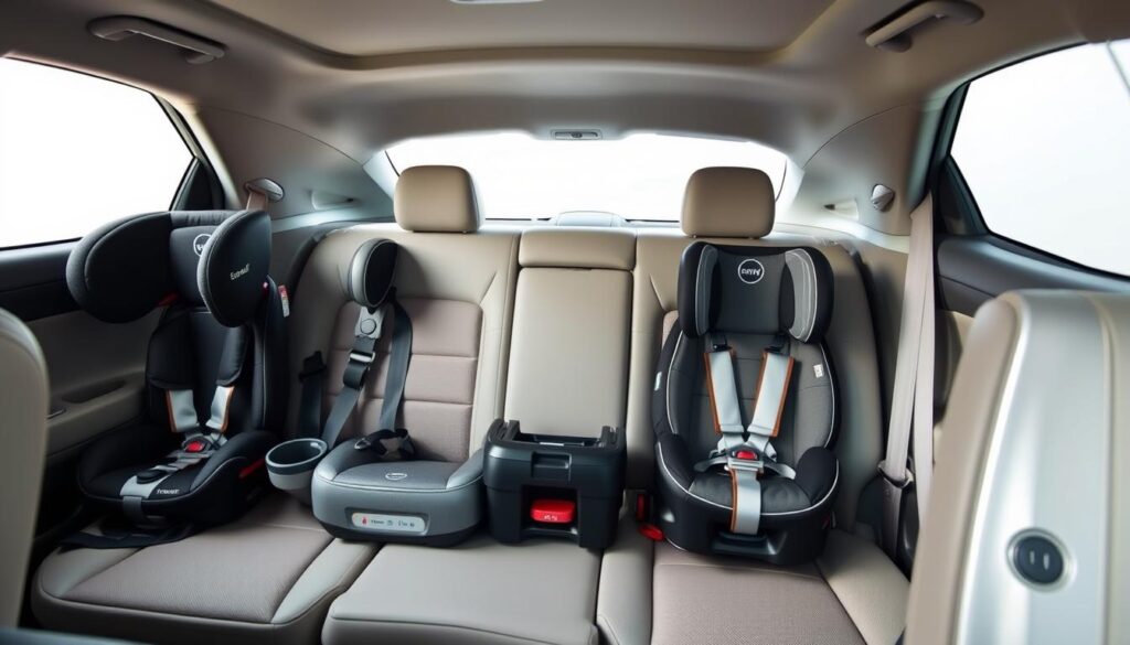A well-lit, high-angle photograph of a car interior, showcasing a selection of child car seats and booster seats of varying sizes arranged neatly on the vehicle's seats. The seats are positioned to display their height and weight specifications, allowing viewers to visually compare and contrast the options. The image has a clean, informative aesthetic, with soft shadows and a neutral color palette that highlights the different seat designs. The lighting is natural and diffused, creating a sense of clarity and detail. The overall composition emphasizes the importance of properly selecting the right car seat for a child's safety.
