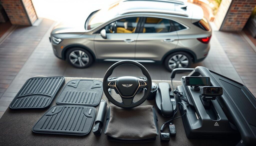 A well-lit, high-angle view of a car parked on a driveway or in a garage. In the foreground, an assortment of car accessories like floor mats, roof racks, a steering wheel cover, and a dashboard camera are neatly arranged, showcasing their variety and quality. The middle ground features the car, a sleek, modern sedan or SUV, in a neutral color. The background is softly blurred, emphasizing the accessories. The lighting is soft and natural, creating a warm, inviting atmosphere that highlights the accessories' textures and details. The overall composition guides the viewer's eye to the carefully selected car accessories, conveying a sense of thoughtful curation and preparation for a road trip. A well-lit, high-angle view of a car parked on a driveway or in a garage. In the foreground, an assortment of car accessories like floor mats, roof racks, a steering wheel cover, and a dashboard camera are neatly arranged, showcasing their variety and quality. The middle ground features the car, a sleek, modern sedan or SUV, in a neutral color. The background is softly blurred, emphasizing the accessories. The lighting is soft and natural, creating a warm, inviting atmosphere that highlights the accessories' textures and details. The overall composition guides the viewer's eye to the carefully selected car accessories, conveying a sense of thoughtful curation and preparation for a road trip.