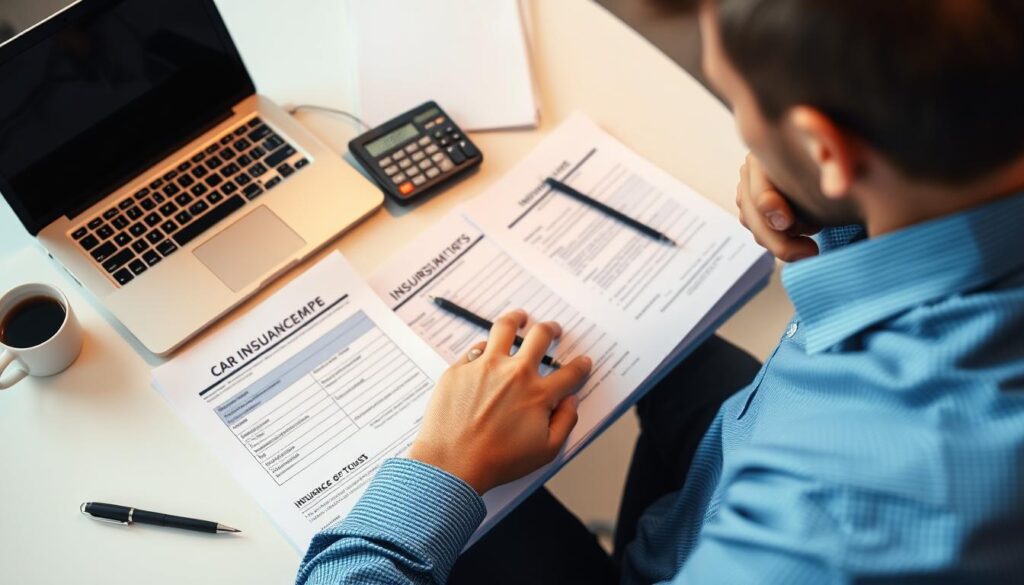 A well-lit, high-angle view of a desk with a laptop, calculator, insurance documents, and a thoughtful individual evaluating insurance premiums. The scene has a clean, professional atmosphere with soft, directional lighting highlighting the key elements. The person is deep in contemplation, carefully reviewing policy details and comparing options to find the most suitable car insurance coverage. The background is blurred, maintaining focus on the desk and the decision-making process. A well-lit, high-angle view of a desk with a laptop, calculator, insurance documents, and a thoughtful individual evaluating insurance premiums. The scene has a clean, professional atmosphere with soft, directional lighting highlighting the key elements. The person is deep in contemplation, carefully reviewing policy details and comparing options to find the most suitable car insurance coverage. The background is blurred, maintaining focus on the desk and the decision-making process.