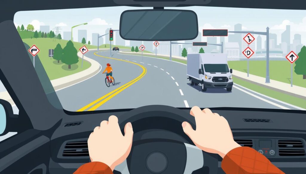 A well-lit, high-resolution illustration showcasing the core principles of defensive driving. In the foreground, a sedan navigates a winding road, the driver's hands firmly gripping the steering wheel, eyes focused ahead. The middle ground depicts a pedestrian crossing the street, a cyclist signaling a turn, and a truck merging into the lane, all requiring the driver's keen awareness and anticipation. In the background, traffic signals, road signs, and a cityscape provide context. The scene conveys a sense of vigilance, with balanced lighting and a neutral color palette to emphasize the educational nature of the image. A well-lit, high-resolution illustration showcasing the core principles of defensive driving. In the foreground, a sedan navigates a winding road, the driver's hands firmly gripping the steering wheel, eyes focused ahead. The middle ground depicts a pedestrian crossing the street, a cyclist signaling a turn, and a truck merging into the lane, all requiring the driver's keen awareness and anticipation. In the background, traffic signals, road signs, and a cityscape provide context. The scene conveys a sense of vigilance, with balanced lighting and a neutral color palette to emphasize the educational nature of the image.