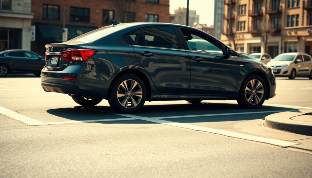 A well-lit, high-resolution image of a car performing a perfect parallel parking maneuver. The car is positioned at a slight angle, halfway into the parking spot, with the rear end just touching the curb. The front wheels are turned sharply, and the driver's side mirror is visible, indicating the perspective. The background is a city street, with buildings and other parked cars providing context. The lighting is warm and natural, creating soft shadows and highlights that accentuate the car's lines and the details of the parking procedure. The overall mood is one of expertise, precision, and a sense of accomplishment. A well-lit, high-resolution image of a car performing a perfect parallel parking maneuver. The car is positioned at a slight angle, halfway into the parking spot, with the rear end just touching the curb. The front wheels are turned sharply, and the driver's side mirror is visible, indicating the perspective. The background is a city street, with buildings and other parked cars providing context. The lighting is warm and natural, creating soft shadows and highlights that accentuate the car's lines and the details of the parking procedure. The overall mood is one of expertise, precision, and a sense of accomplishment.