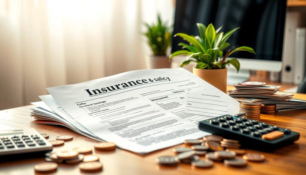A well-lit, high-resolution image of an insurance policy document open on a wooden table, surrounded by piles of money, coins, and a calculator. The document prominently displays "Discounts & Savings" and features various percentage symbols, dollar signs, and highlighted sections. The background is a soft, blurred office setting with a potted plant and a computer monitor in the distance, conveying a sense of financial security and organization. The lighting is warm and inviting, creating a professional and trustworthy atmosphere. A well-lit, high-resolution image of an insurance policy document open on a wooden table, surrounded by piles of money, coins, and a calculator. The document prominently displays "Discounts & Savings" and features various percentage symbols, dollar signs, and highlighted sections. The background is a soft, blurred office setting with a potted plant and a computer monitor in the distance, conveying a sense of financial security and organization. The lighting is warm and inviting, creating a professional and trustworthy atmosphere.
