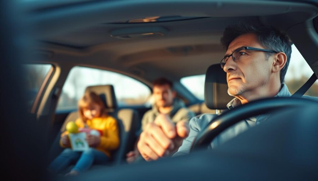 A well-lit interior of a modern sedan, the driver firmly grasping the steering wheel, their eyes focused straight ahead. In the backseat, a young child is distracted, playing with a toy, while an older passenger appears to be engaged in a lively conversation. The scene conveys a sense of balanced control, with the driver maintaining a calm, attentive demeanor despite the potential for distractions. Soft shadows and warm tones create an atmosphere of domestic tranquility, underscoring the importance of managing in-car distractions for safe driving.