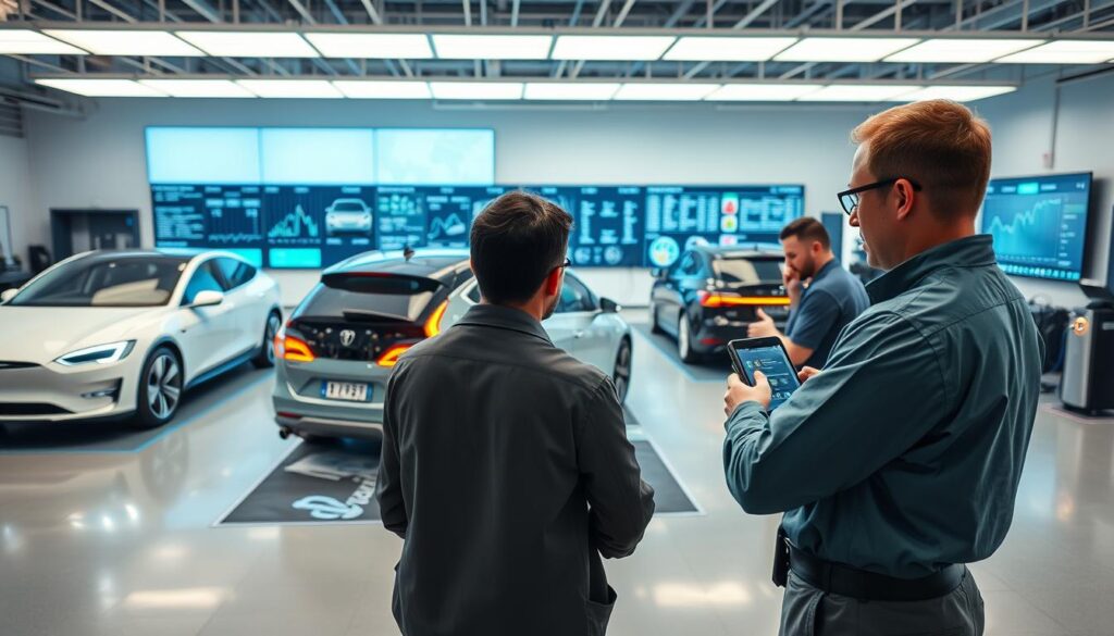 A well-lit, modern indoor test facility, with a sleek, high-tech atmosphere. In the foreground, a team of engineers diligently examining the latest electric vehicle model, using specialized diagnostic tools and equipment. The middle ground showcases a range of electric vehicles undergoing various performance and safety tests, their motors humming and batteries charging. In the background, a wall-sized display shows real-time data and analytics, providing insights into the vehicles' efficiency, handling, and overall capabilities. The lighting is a blend of soft, diffused overhead illumination and focused task lighting, creating a sense of professionalism and precision. The camera angle is slightly elevated, capturing the scene from an authoritative, technical perspective. A well-lit, modern indoor test facility, with a sleek, high-tech atmosphere. In the foreground, a team of engineers diligently examining the latest electric vehicle model, using specialized diagnostic tools and equipment. The middle ground showcases a range of electric vehicles undergoing various performance and safety tests, their motors humming and batteries charging. In the background, a wall-sized display shows real-time data and analytics, providing insights into the vehicles' efficiency, handling, and overall capabilities. The lighting is a blend of soft, diffused overhead illumination and focused task lighting, creating a sense of professionalism and precision. The camera angle is slightly elevated, capturing the scene from an authoritative, technical perspective.