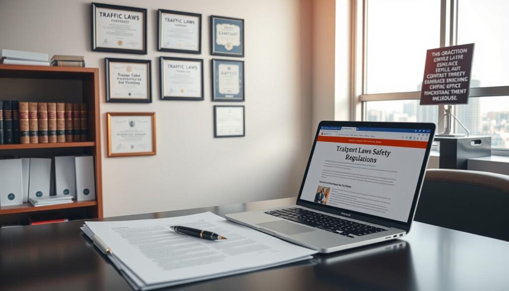 A well-lit office interior with a large window overlooking a cityscape in the background. On the desk, a stack of documents, a pen, and a laptop displaying a webpage about traffic laws and safety regulations. The walls are adorned with framed certificates and placards highlighting various transportation safety policies. A bookshelf in the corner contains legal volumes and government publications. The overall mood is professional, authoritative, and conveys a sense of responsibility and diligence in upholding safety standards.