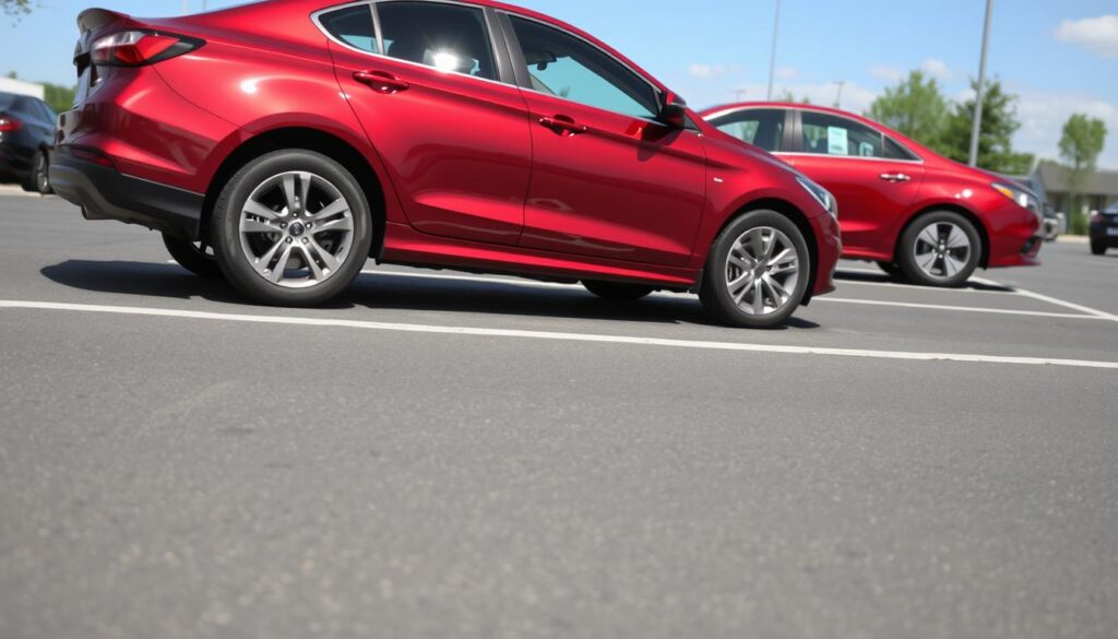 A well-lit parking lot on a sunny day. In the foreground, a car performing a smooth parallel parking maneuver, its wheels angled precisely as the driver deftly steers it into the tight space. The car's lines and curves are captured in crisp detail, with attention to reflections and shadows. In the middle ground, another car is already parallel parked, serving as a visual reference. The background features other parked cars and the surrounding environment, creating a sense of context and scale. The lighting is natural and balanced, accentuating the cars' forms and the overall sense of depth and perspective. The scene conveys a clear, instructional tone, focused on the fundamentals of parallel parking. A well-lit parking lot on a sunny day. In the foreground, a car performing a smooth parallel parking maneuver, its wheels angled precisely as the driver deftly steers it into the tight space. The car's lines and curves are captured in crisp detail, with attention to reflections and shadows. In the middle ground, another car is already parallel parked, serving as a visual reference. The background features other parked cars and the surrounding environment, creating a sense of context and scale. The lighting is natural and balanced, accentuating the cars' forms and the overall sense of depth and perspective. The scene conveys a clear, instructional tone, focused on the fundamentals of parallel parking.