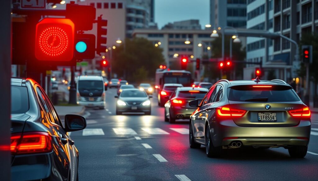 A well-lit, photorealistic scene depicting a busy urban intersection. In the foreground, a car is stopping at a red traffic light, its brake lights illuminating the scene. The middle ground shows several cars maintaining a safe following distance, with their headlights and taillights visible. In the background, buildings, streetlights, and other infrastructure create a sense of depth and context. The lighting is natural, with a soft, ambient glow, and the camera angle is slightly elevated, providing a clear view of the road and traffic flow. The overall mood is one of order, safety, and responsible driving. A well-lit, photorealistic scene depicting a busy urban intersection. In the foreground, a car is stopping at a red traffic light, its brake lights illuminating the scene. The middle ground shows several cars maintaining a safe following distance, with their headlights and taillights visible. In the background, buildings, streetlights, and other infrastructure create a sense of depth and context. The lighting is natural, with a soft, ambient glow, and the camera angle is slightly elevated, providing a clear view of the road and traffic flow. The overall mood is one of order, safety, and responsible driving.
