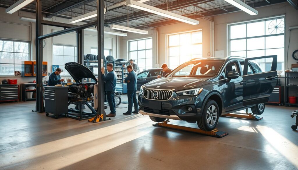 A well-lit workshop interior, with a car on a lift in the foreground undergoing a comprehensive winter inspection. Mechanics in the middle ground methodically checking various components - engine, tires, wipers, lights. In the background, shelves stocked with automotive tools and supplies, a sense of diligent preparation. Natural daylight streams in through large windows, illuminating the scene with a warm, inviting glow. The overall atmosphere conveys the importance of thorough vehicle maintenance to ensure safe winter driving. A well-lit workshop interior, with a car on a lift in the foreground undergoing a comprehensive winter inspection. Mechanics in the middle ground methodically checking various components - engine, tires, wipers, lights. In the background, shelves stocked with automotive tools and supplies, a sense of diligent preparation. Natural daylight streams in through large windows, illuminating the scene with a warm, inviting glow. The overall atmosphere conveys the importance of thorough vehicle maintenance to ensure safe winter driving.