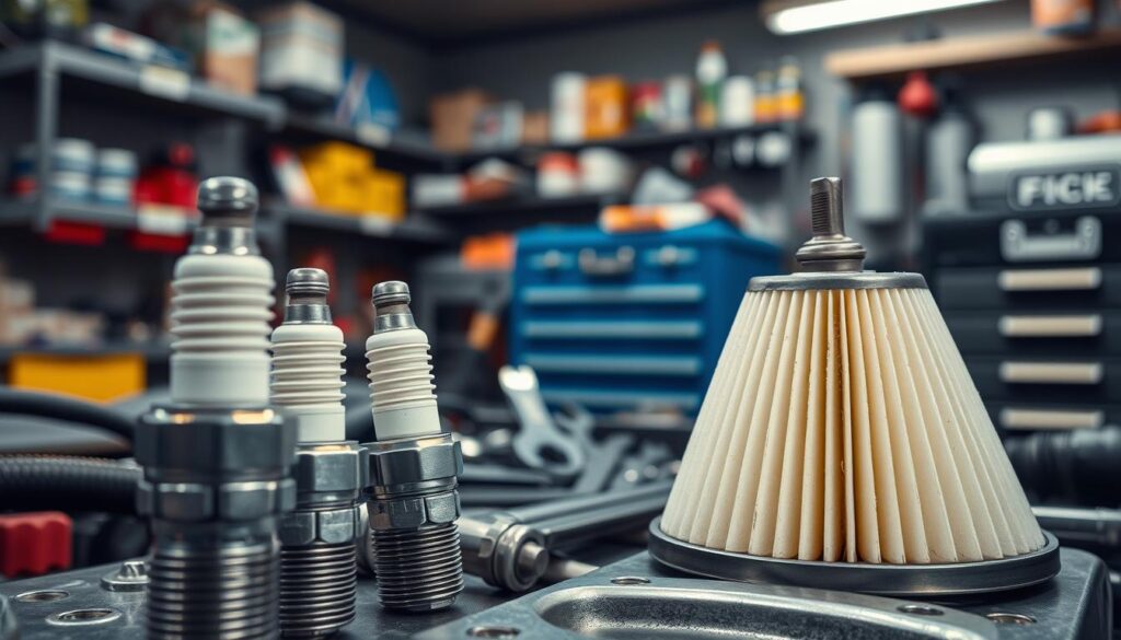A well-lit workshop scene with a detailed close-up of spark plugs and an air filter in the foreground. The spark plugs are glistening, showcasing their metallic components. The air filter is prominently displayed, its pleated paper element visible. In the middle ground, various mechanic's tools are neatly arranged, conveying a sense of organized maintenance. The background features shelves of automotive parts and a toolbox, suggesting a professional setting. The overall mood is one of precision, care, and attention to detail, reflecting the importance of proper engine maintenance for improving fuel efficiency. A well-lit workshop scene with a detailed close-up of spark plugs and an air filter in the foreground. The spark plugs are glistening, showcasing their metallic components. The air filter is prominently displayed, its pleated paper element visible. In the middle ground, various mechanic's tools are neatly arranged, conveying a sense of organized maintenance. The background features shelves of automotive parts and a toolbox, suggesting a professional setting. The overall mood is one of precision, care, and attention to detail, reflecting the importance of proper engine maintenance for improving fuel efficiency.
