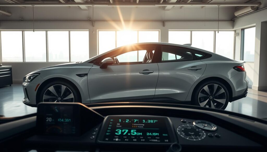 A well-maintained vehicle with a sleek, aerodynamic design sits in a modern, minimalist garage. The sunlight streams in through large windows, casting a warm glow on the car's polished exterior. In the foreground, a dashboard display shows real-time data on fuel efficiency, engine performance, and climate control settings. The middle ground features various tools and diagnostic equipment, hinting at the importance of proper maintenance. In the background, a subtle, futuristic cityscape can be seen through the windows, representing the integration of advanced technology and environmental sustainability.