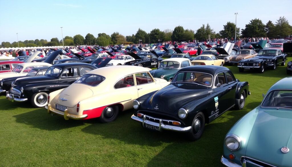 A well-organized classic car show, with rows of gleaming vintage automobiles carefully arranged on a spacious exhibition ground. In the foreground, a group of enthusiasts huddle around an open car bonnet, deep in discussion over its intricate engine. The mid-ground is filled with a diverse array of classic models, each meticulously polished and displayed with pride. In the background, a team of dedicated organizers direct the flow of visitors, ensuring a smooth and engaging experience. Soft, diffused lighting casts a warm, nostalgic glow over the entire scene, complemented by the crisp, autumn-tinged sky. The overall atmosphere exudes a sense of passion, camaraderie, and a deep appreciation for the automotive heritage on display. A well-organized classic car show, with rows of gleaming vintage automobiles carefully arranged on a spacious exhibition ground. In the foreground, a group of enthusiasts huddle around an open car bonnet, deep in discussion over its intricate engine. The mid-ground is filled with a diverse array of classic models, each meticulously polished and displayed with pride. In the background, a team of dedicated organizers direct the flow of visitors, ensuring a smooth and engaging experience. Soft, diffused lighting casts a warm, nostalgic glow over the entire scene, complemented by the crisp, autumn-tinged sky. The overall atmosphere exudes a sense of passion, camaraderie, and a deep appreciation for the automotive heritage on display.