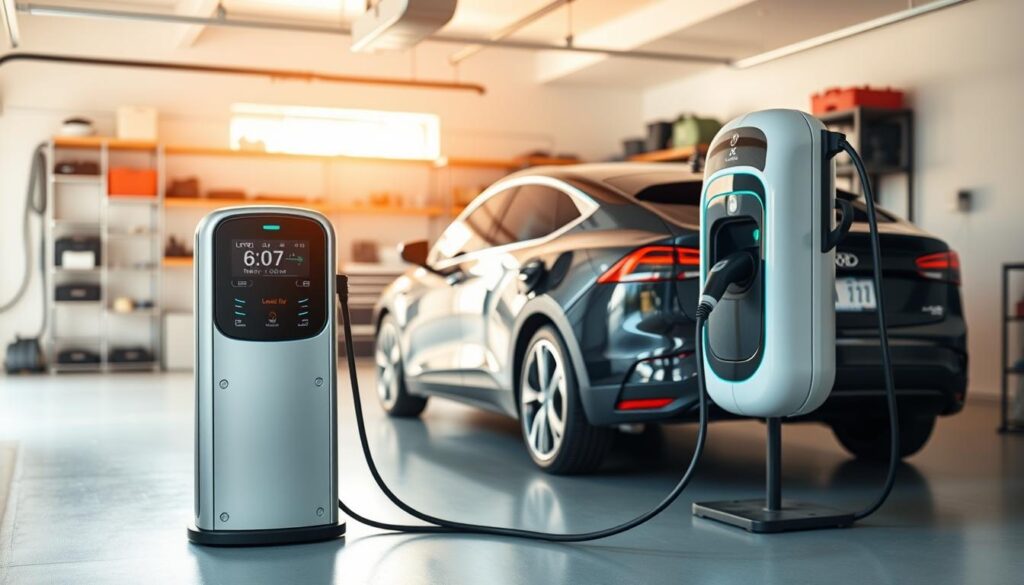 A well-organized home electric vehicle charging setup, showcased in a brightly lit, modern garage interior. In the foreground, a sleek Level 2 EV charger is prominently displayed, its intuitive interface and status indicators clearly visible. The middle ground features the electric vehicle, seamlessly integrated into the scene, its charging port aligned with the charger. The background reveals a organized, clutter-free workspace, with shelves and storage solutions to maintain a clean, efficient environment. Warm, natural lighting filters in, creating a welcoming and functional atmosphere for a hassle-free home charging experience. A well-organized home electric vehicle charging setup, showcased in a brightly lit, modern garage interior. In the foreground, a sleek Level 2 EV charger is prominently displayed, its intuitive interface and status indicators clearly visible. The middle ground features the electric vehicle, seamlessly integrated into the scene, its charging port aligned with the charger. The background reveals a organized, clutter-free workspace, with shelves and storage solutions to maintain a clean, efficient environment. Warm, natural lighting filters in, creating a welcoming and functional atmosphere for a hassle-free home charging experience.