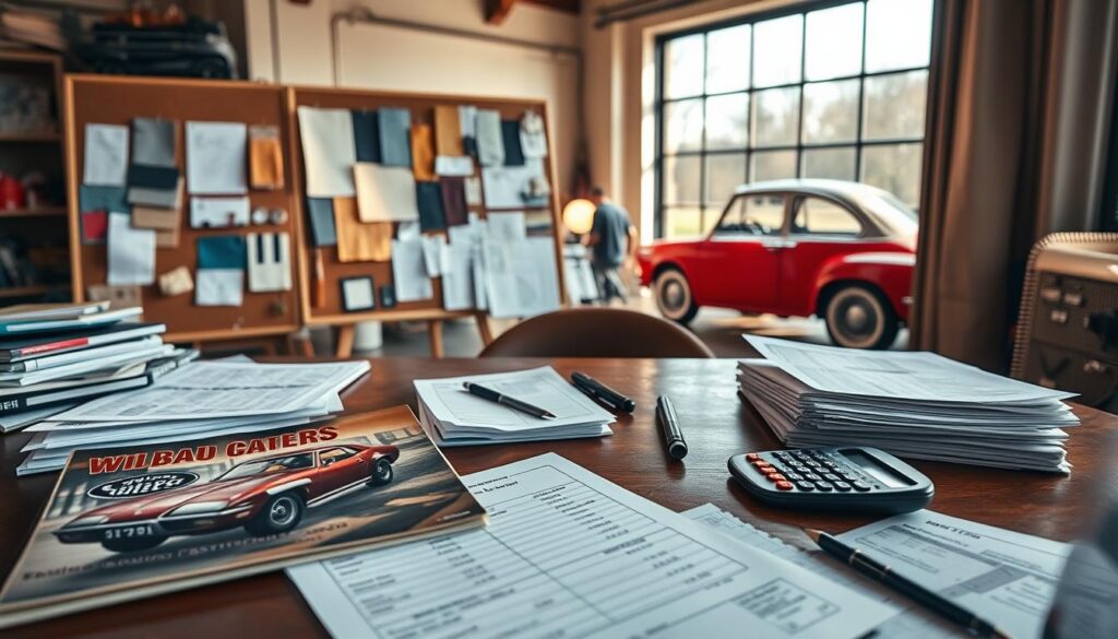 A well-organized workspace with various budgeting tools and financial documents. In the foreground, a vintage car repair manual, a calculator, and a stack of receipts sit atop a mahogany desk. In the middle ground, a mood board displays swatches, sketches, and cost estimates for the restoration project. The background features a large window overlooking a classic car garage, bathed in warm, natural lighting that casts a cozy, focused atmosphere. The scene conveys a sense of careful planning and strategic budgeting for a meticulous classic car restoration endeavor. A well-organized workspace with various budgeting tools and financial documents. In the foreground, a vintage car repair manual, a calculator, and a stack of receipts sit atop a mahogany desk. In the middle ground, a mood board displays swatches, sketches, and cost estimates for the restoration project. The background features a large window overlooking a classic car garage, bathed in warm, natural lighting that casts a cozy, focused atmosphere. The scene conveys a sense of careful planning and strategic budgeting for a meticulous classic car restoration endeavor.