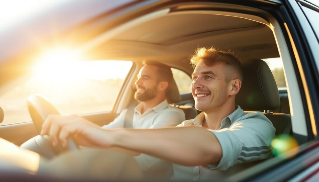 A well-rested driver sitting behind the wheel of a family car, bathed in warm, golden afternoon light filtering through the windshield. In the foreground, hands grip the steering wheel with confidence, and in the middle ground, a cup of coffee and a healthy snack rest within easy reach. The background features a winding country road flanked by lush, verdant landscapes, conveying a sense of tranquility and open-road adventure. The overall atmosphere is one of focus, preparedness, and a commitment to safe and healthy driving habits during a family road trip. A well-rested driver sitting behind the wheel of a family car, bathed in warm, golden afternoon light filtering through the windshield. In the foreground, hands grip the steering wheel with confidence, and in the middle ground, a cup of coffee and a healthy snack rest within easy reach. The background features a winding country road flanked by lush, verdant landscapes, conveying a sense of tranquility and open-road adventure. The overall atmosphere is one of focus, preparedness, and a commitment to safe and healthy driving habits during a family road trip.