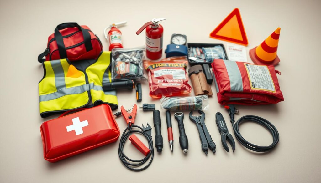 A well-stocked car emergency kit laid out on a clean, neutral background. In the foreground, a bright red first aid kit, a reflective safety vest, and a set of jumper cables. In the middle ground, a sturdy flashlight, a multi-tool, and a pack of emergency blankets. In the background, a fire extinguisher, a car toolkit, and a high-visibility road flare. Soft, diffused lighting illuminates the scene, creating a sense of order and preparedness. The overall composition conveys a sense of safety and functionality, emphasizing the importance of being ready for unexpected situations on the road. A well-stocked car emergency kit laid out on a clean, neutral background. In the foreground, a bright red first aid kit, a reflective safety vest, and a set of jumper cables. In the middle ground, a sturdy flashlight, a multi-tool, and a pack of emergency blankets. In the background, a fire extinguisher, a car toolkit, and a high-visibility road flare. Soft, diffused lighting illuminates the scene, creating a sense of order and preparedness. The overall composition conveys a sense of safety and functionality, emphasizing the importance of being ready for unexpected situations on the road.