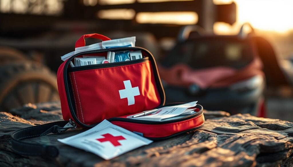 A well-stocked first aid kit for road trips, resting on a rugged, weathered wooden surface. The kit features a red cross emblem, with various medical supplies neatly organized inside - bandages, antiseptic wipes, gauze pads, scissors, tweezers, and other essential items. Soft, warm lighting illuminates the scene, creating a reassuring and dependable atmosphere. The kit is positioned in the foreground, with a blurred background suggesting a cozy, cabin-like setting, hinting at the importance of being prepared for unexpected situations during long journeys.