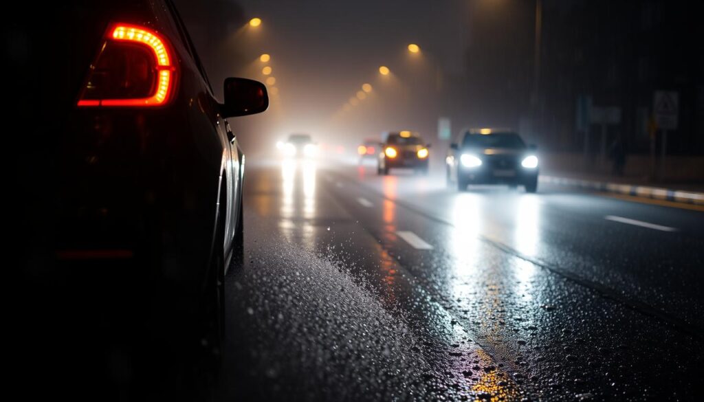 A wet, dimly lit urban road at night, with raindrops glistening on the asphalt. In the foreground, a car's taillights illuminate the spray of water kicked up by its tires, emphasizing the need to reduce speed. The middle ground features other vehicles in the distance, their headlights casting a soft, warm glow through the hazy rain. The background is blurred, creating a sense of depth and the impression of increased stopping distance. The overall scene conveys a sense of caution and the importance of maintaining control in treacherous driving conditions.