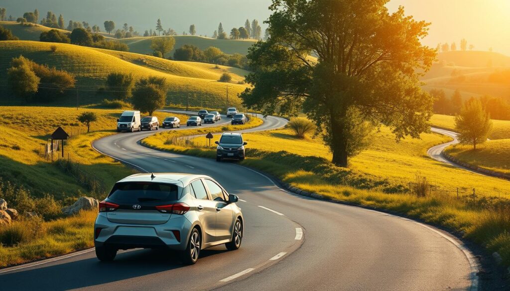 A winding country road through a lush, verdant landscape. In the foreground, a compact hybrid vehicle smoothly navigates the curves, its driver employing eco-friendly techniques - gentle acceleration, coasting, and anticipating upcoming conditions. The middle ground features other cars and trucks, some employing similar eco-driving practices. In the background, rolling hills dotted with tall trees create a serene, natural atmosphere. Warm, diffused sunlight filters through the foliage, casting a soft, golden glow over the entire scene. The overall mood is one of tranquility and environmental harmony, showcasing how eco-conscious driving can be seamlessly integrated into everyday travel. A winding country road through a lush, verdant landscape. In the foreground, a compact hybrid vehicle smoothly navigates the curves, its driver employing eco-friendly techniques - gentle acceleration, coasting, and anticipating upcoming conditions. The middle ground features other cars and trucks, some employing similar eco-driving practices. In the background, rolling hills dotted with tall trees create a serene, natural atmosphere. Warm, diffused sunlight filters through the foliage, casting a soft, golden glow over the entire scene. The overall mood is one of tranquility and environmental harmony, showcasing how eco-conscious driving can be seamlessly integrated into everyday travel.