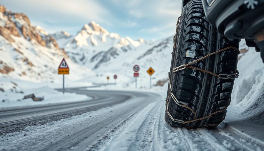 A winding mountain road snakes through a snowy alpine landscape, its surface covered in a layer of ice and snow. In the foreground, chains are being installed on the tires of a vehicle, their metallic links glistening in the soft, diffused light. The middleground features a series of road signs and markers, indicating the chain control requirements and speed limits for navigating this treacherous terrain. In the background, towering peaks rise up, their rugged faces dusted with a fresh layer of powdery snow, creating a serene and majestic atmosphere. The overall scene conveys the importance of proper winter driving preparation and adherence to safety regulations when traversing challenging mountain roads. A winding mountain road snakes through a snowy alpine landscape, its surface covered in a layer of ice and snow. In the foreground, chains are being installed on the tires of a vehicle, their metallic links glistening in the soft, diffused light. The middleground features a series of road signs and markers, indicating the chain control requirements and speed limits for navigating this treacherous terrain. In the background, towering peaks rise up, their rugged faces dusted with a fresh layer of powdery snow, creating a serene and majestic atmosphere. The overall scene conveys the importance of proper winter driving preparation and adherence to safety regulations when traversing challenging mountain roads.