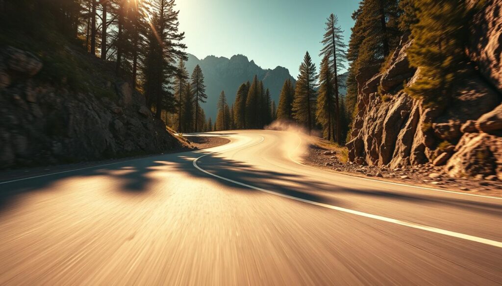 A winding mountain road, the optimal cornering line marked by a series of smooth, sweeping curves. The asphalt glistens in the warm, golden sunlight, framed by towering pine trees and dramatic rock formations. The camera angle captures the line from a low, dynamic perspective, emphasizing the graceful arc of the turn and the sense of speed and motion. Subtle dust motes drift through the air, adding depth and atmosphere. The overall mood is one of confident, skilled driving through a breathtaking natural landscape. A winding mountain road, the optimal cornering line marked by a series of smooth, sweeping curves. The asphalt glistens in the warm, golden sunlight, framed by towering pine trees and dramatic rock formations. The camera angle captures the line from a low, dynamic perspective, emphasizing the graceful arc of the turn and the sense of speed and motion. Subtle dust motes drift through the air, adding depth and atmosphere. The overall mood is one of confident, skilled driving through a breathtaking natural landscape.