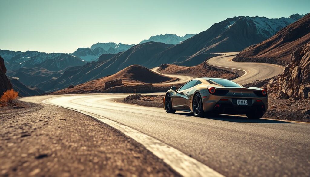 A winding road snakes through a mountainous landscape, the tarmac glistening under the warm sunlight. In the foreground, a sports car leans into a tight corner, its tires gripping the asphalt as the driver expertly navigates the turn. The car's sleek, aerodynamic body is captured in a low, dynamic angle, emphasizing the physics of cornering. In the middle ground, a series of gentle hills and curves in the road offer additional challenges, testing the driver's mastery of weight transfer and line selection. The background features rugged, snow-capped peaks, creating a sense of scale and grandeur. The scene conveys the fundamental principles of handling sharp turns: balance, control, and the delicate interplay between vehicle and environment. A winding road snakes through a mountainous landscape, the tarmac glistening under the warm sunlight. In the foreground, a sports car leans into a tight corner, its tires gripping the asphalt as the driver expertly navigates the turn. The car's sleek, aerodynamic body is captured in a low, dynamic angle, emphasizing the physics of cornering. In the middle ground, a series of gentle hills and curves in the road offer additional challenges, testing the driver's mastery of weight transfer and line selection. The background features rugged, snow-capped peaks, creating a sense of scale and grandeur. The scene conveys the fundamental principles of handling sharp turns: balance, control, and the delicate interplay between vehicle and environment.