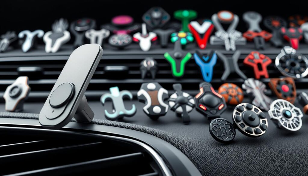 An array of innovative car vent clip designs, each with a distinct and functional shape. The foreground features a sleek, modern clip with a subtle fragrance dispenser, angled to provide optimal airflow. In the middle ground, a series of stylized clips in various colors and patterns, some with additional features like LED lights or magnetic attachment points. The background showcases a diverse selection of vent clips, ranging from minimalist to intricate, all designed to seamlessly integrate into the vehicle's interior. The scene is captured with a crisp, high-resolution lens, and the lighting is carefully balanced to highlight the product details and create a sense of sophistication. An array of innovative car vent clip designs, each with a distinct and functional shape. The foreground features a sleek, modern clip with a subtle fragrance dispenser, angled to provide optimal airflow. In the middle ground, a series of stylized clips in various colors and patterns, some with additional features like LED lights or magnetic attachment points. The background showcases a diverse selection of vent clips, ranging from minimalist to intricate, all designed to seamlessly integrate into the vehicle's interior. The scene is captured with a crisp, high-resolution lens, and the lighting is carefully balanced to highlight the product details and create a sense of sophistication.